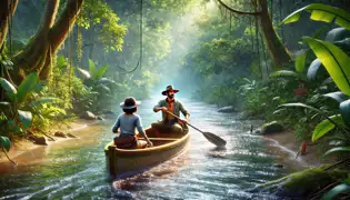 Ana and Tavio paddle a wooden canoe down the shimmering Silver River, framed by dense rainforest and golden sunlight.