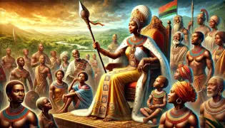 Queen Nzinga in her later years, sitting on a throne surrounded by people, with a spear symbolizing her enduring legacy.