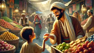 The merchant smiles warmly in a marketplace, helping a child choose bread amid colorful stalls and vibrant activity.