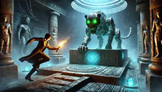  Dr. Elena Martínez in the grand chamber, dodging mechanical jaguars near the glowing Stone Jaguar statue.