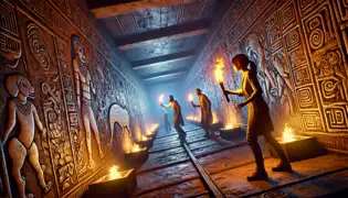 Dr. Elena Martínez inside the temple, examining glyphs on the wall while navigating a trap-filled corridor.