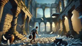 Daedalus sammelt Federn für Flügel im Schatten des Labyrinths.