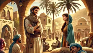 Khalid, a merchant, tells stories to villagers near a desert oasis, with Layla listening by the ancient palm tree.