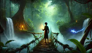  Ebele facing a glowing vine bridge over a misty chasm during his trial in the forest.