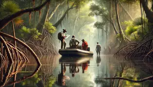 A small team navigating a skiff through the dense mangroves of Zapata Swamp, surrounded by a mysterious ambiance.