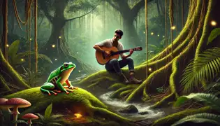 Javier kneels in El Yunque, playing his guitar near an ancient tree, watched by a luminous coquí frog.