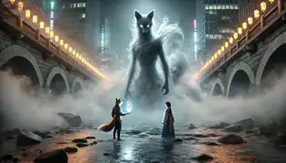 The Fox Guardian battles a shadow spirit at Cheonggyecheon stream under foggy night skies, with Ji-Hyun nearby.