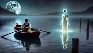 Lotte rows a small boat on a moonlit Lake Traun as Undine, a glowing water spirit, emerges from the water.