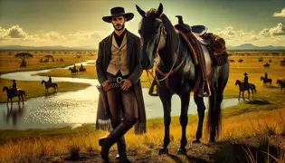 Miguel Santoro stands confidently beside his black stallion, Relámpago, in the savannas of Los Llanos.