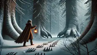 Elin follows massive footprints in the snowy forest, holding a lantern as she walks among towering trees.