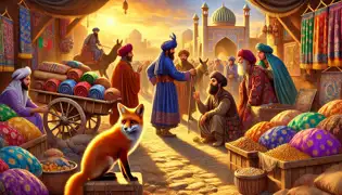 Merchants in a medieval Afghan bazaar argue near a caravan as a cunning fox secretly listens.