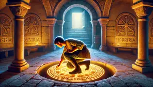  Luka crouching by a glowing circular stone inside an ancient chapel, revealing a secret passage beneath.