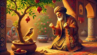 A frustrated merchant paces under a pomegranate tree while a sparrow perches on a low branch, amused.