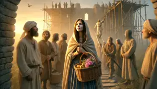 Ana arrives at dawn at the Argeș Monastery construction site, carrying a basket of food and flowers, greeted by somber workers.