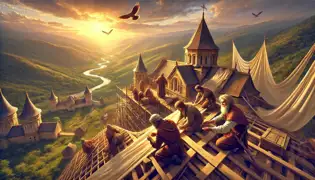 Manole and builders stranded on the monastery roof, crafting makeshift wings at sunset with surrounding hills in view.