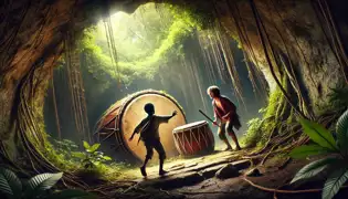 Two boys discover an ancient cave in the Saint Lucian forest, with glowing drums inside and vines covering the entrance