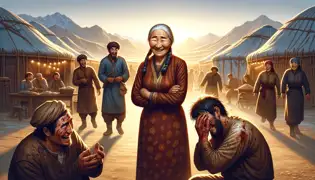 The elderly woman stands confidently as villagers laugh at three humiliated thieves returning, covered in dirt and ashamed.