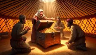 The elderly woman tricks three thieves inside her yurt, pointing to a covered chest as they eagerly prepare to carry it away.