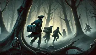 Three frightened thieves stumble through a misty dark forest, struggling to carry a heavy chest, fearfully looking around.