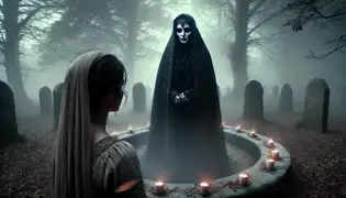 The ghostly figure of Ghaliya, cloaked in black, stands in a glowing stone circle addressing a young woman