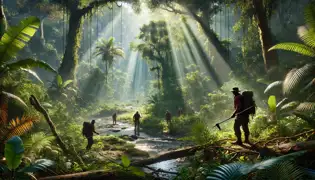 Explorers navigating through thick foliage in the Amazon jungle, illuminated by sunlight piercing through the dense canopy.