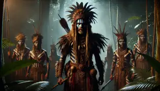 Indigenous warriors with painted faces and traditional armor emerge from the jungle shadows, holding spears and shields.