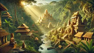 The Lost City of Paititi with golden rooftops and ancient temples, surrounded by lush rainforest and glowing in sunlight.