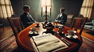 A tense parlor scene as the diplomat confronts Dupin’s memorandum over tea
