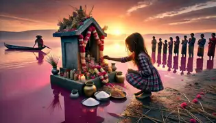 A young girl places flowers at a shrine by Lake Retba, honoring its mystical legacy, as villagers watch at sunrise.