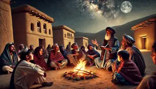 Tribal elders recount Malalai’s story to children around a fire in modern-day Maiwand, under a starry sky.