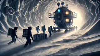 Équipe de recherche en équipement de tempête, manœuvrant à travers une tempête de neige antarctique hurlante