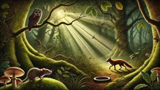 Mouse faces Fox, Owl, and Snake at different moments in the sun-dappled British woodland