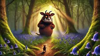 Gruffalo and Mouse walk together through a glade of bluebells under filtered sunlight in the British wood
