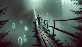 A rickety wooden bridge suspended over a deep, mist-covered ravine, with Andrei stepping forward as ghostly whispers swirl.