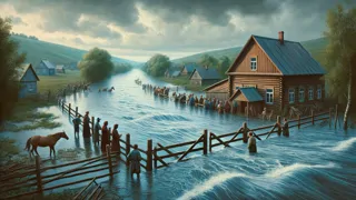 Un village au bord de la rivière observe la montée des eaux sous un ciel nuageux.