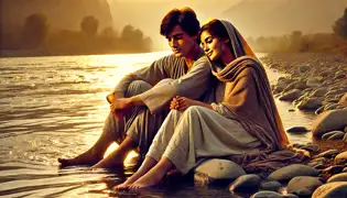 Arash and Laila sit by the Kabul River, their feet above the water, whispering dreams as the golden sunlight reflects on the waves.