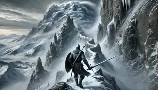 Einar climbs the snowy slopes of Mount Pilatus, carrying a shield and sword, with cliffs and swirling mist around him.