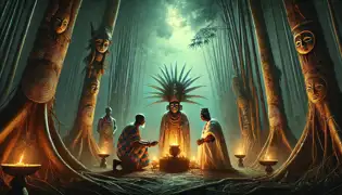 Aderoju kneels in a sacred Yoruba grove as the high priest presents him with the glowing Egun Alágbara mask under torchlight.