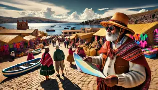 Bustling town of Copacabana, with vibrant markets, a guide, and an anthropologist looking toward Lake Titicaca.