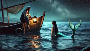 Youssef and Layla meet secretly at night; he sits in his boat while she floats beneath the shimmering water.