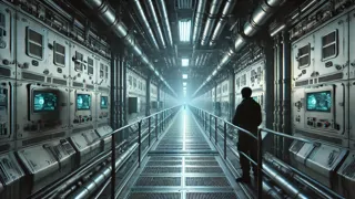 Un pasillo metálico iluminado por sensores, que reverbera con el zumbido de la maquinaria.