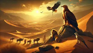 The eagle and the falcon return to a desert gathering at sunset, where a wise lion listens to their revelations of wisdom.