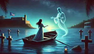  Isabella returns treasure into the sea on a calm San Juan Bay as Diego’s ghost peacefully fades in the moonlight.