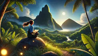 Mia sits near the jungle, gazing at the glowing Pitons under a moonlit sky with fireflies around her.