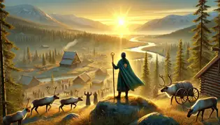 Linnea stands on a hill, victorious, as dawn breaks over her village and reindeer graze peacefully nearby.