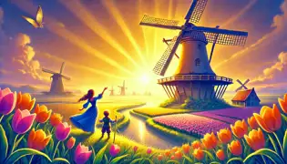 Restored windmill at dawn with tulip fields glowing under sunrise. Lila and Elara stand triumphantly by the windmill.