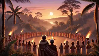 Kalinda stands with her grandmother at dawn, surrounded by smiling villagers as sunlight pierces the rainforest.