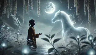 Bakyt and the glowing magic horse in the ethereal Valley of the Moon under a crescent moon.