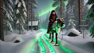 A glowing trail of tracks in a snowy Finnish forest, as a girl on her reindeer follows them under faint auroras.