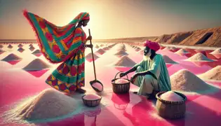 Awa and her father collect salt along Lake Retba, their traditional tools and colorful attire adding vibrancy to the scene.